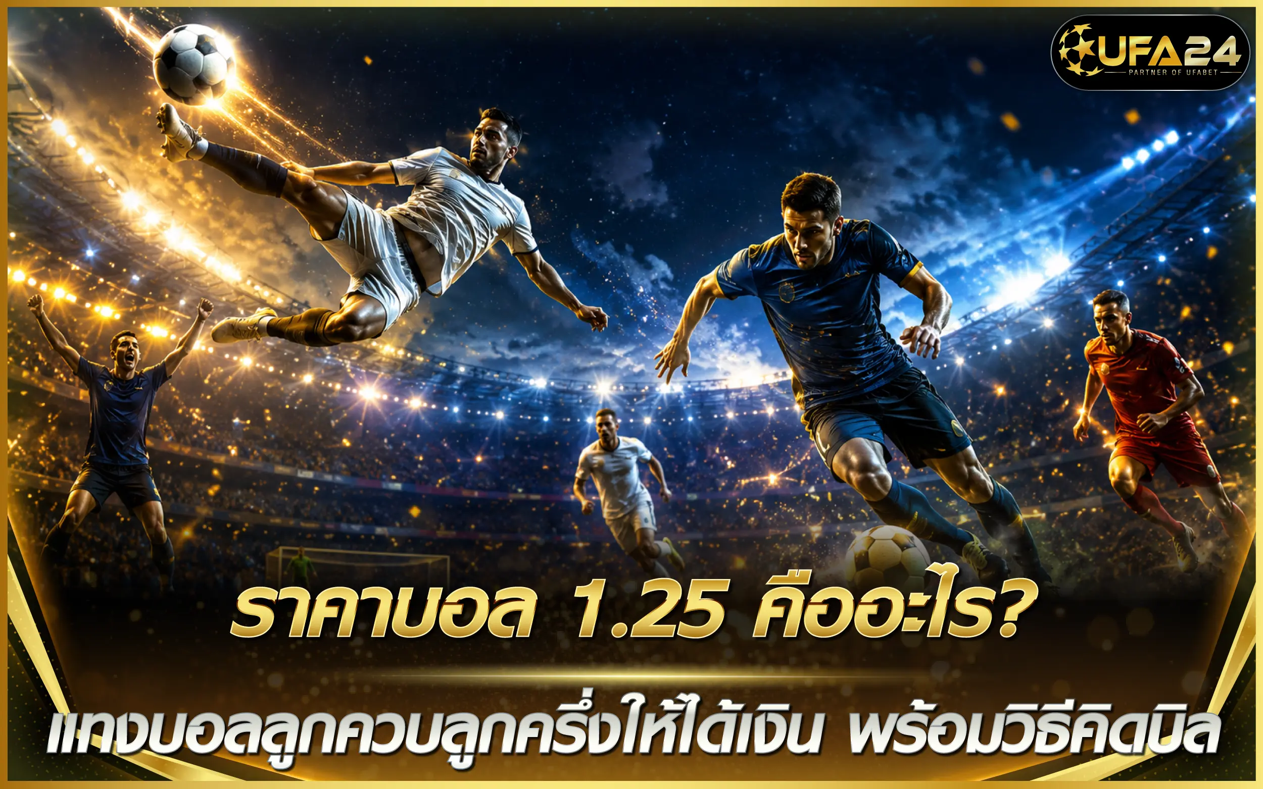 Promotional banner showing soccer players in action at a stadium with the UFABET24 logo; Thai text promotes betting offers.